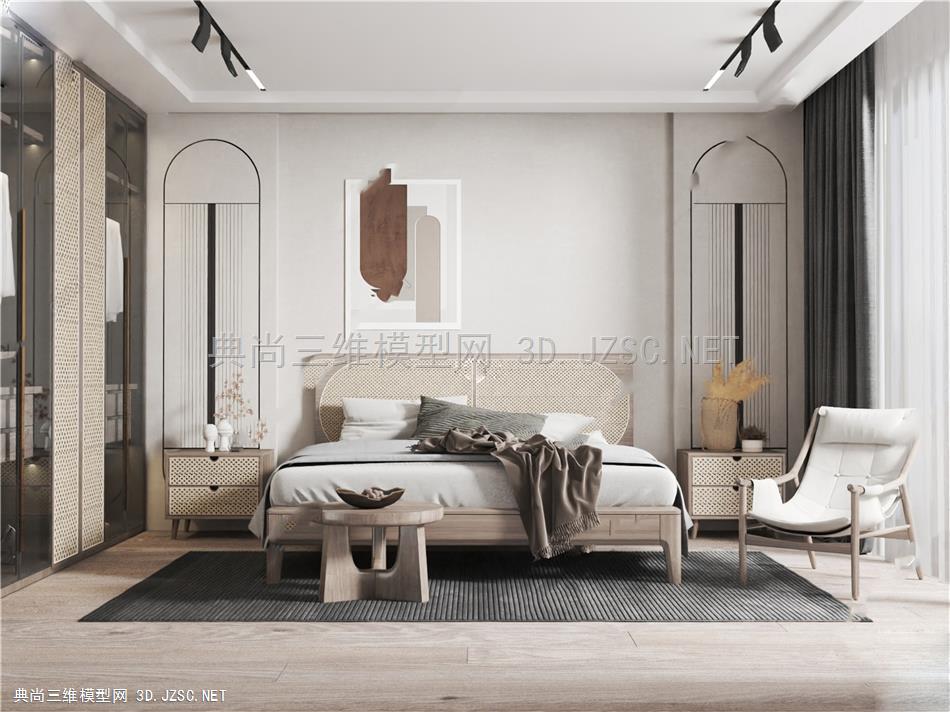 13-卧室SU模型  双人床 床头柜 台灯 沙发 植物 地毯 沙发 衣柜 吊灯 餐边柜