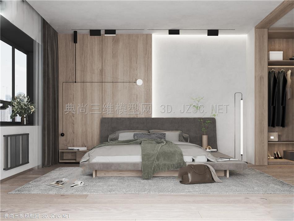 06-侘寂风卧室SU模型  双人床 床头柜 台灯 沙发 植物 地毯 沙发 衣柜 吊灯 餐边柜
