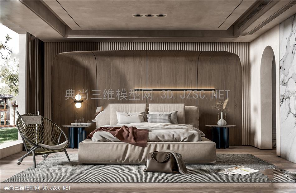 16-卧室SU模型  双人床 床头柜 台灯 沙发 植物 地毯 沙发 衣柜 吊灯 餐边柜