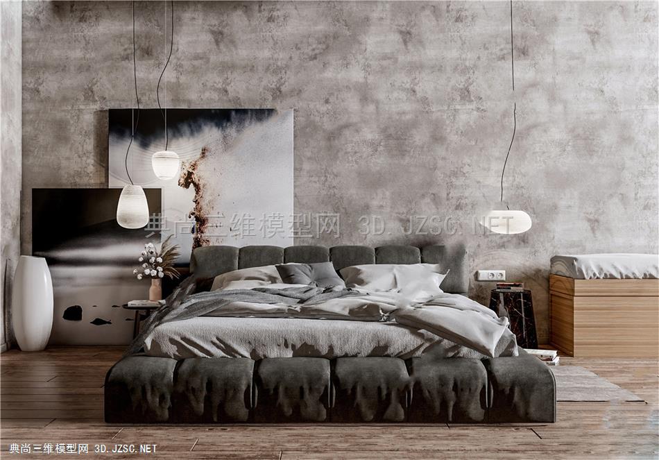 04-侘寂风家居卧室SU模型 双人床 床头柜 台灯 沙发 植物 地毯 沙发 衣柜 吊灯