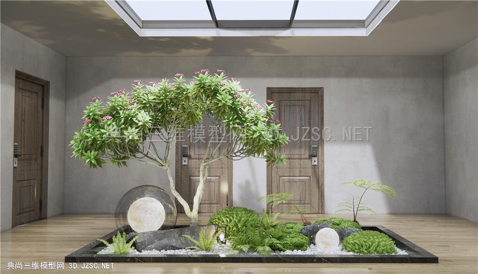 现代庭院景观小品 中庭天井景观 植物景观 蕨类植物 月球雕塑小品 景观树
