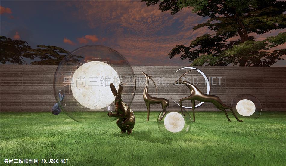 现代景观雕塑小品 月亮雕塑 麋鹿雕塑 小兔雕塑