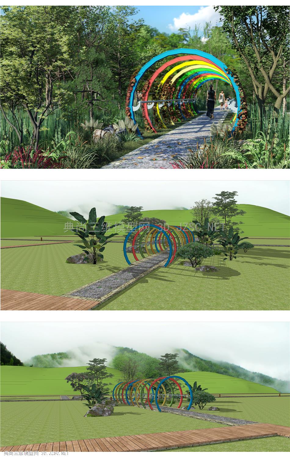 彩虹廊架景观  森林生态木步道  现代长廊  科普教育径  山地微地形  生态碎石步道景观  森林公园