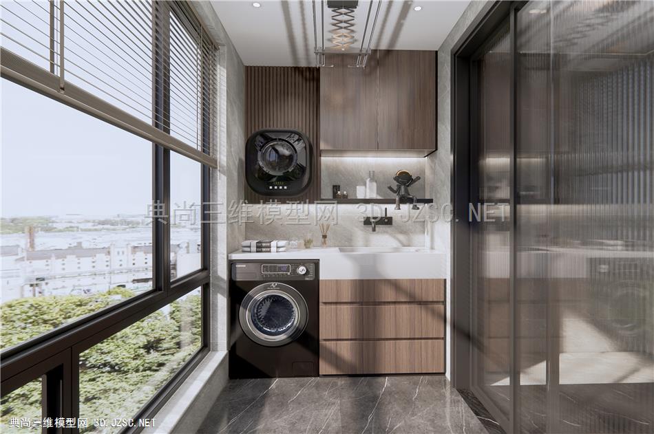 现代阳台 洗衣机柜 壁挂洗衣机 电动晾衣架 植物盆栽 绿植