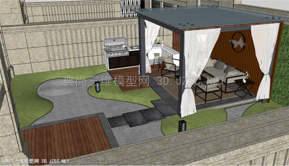 新中式风格庭院花园SU模型