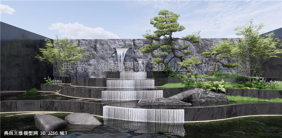 新中式跌水景观 叠水景墙 景观石头 庭院景观小品