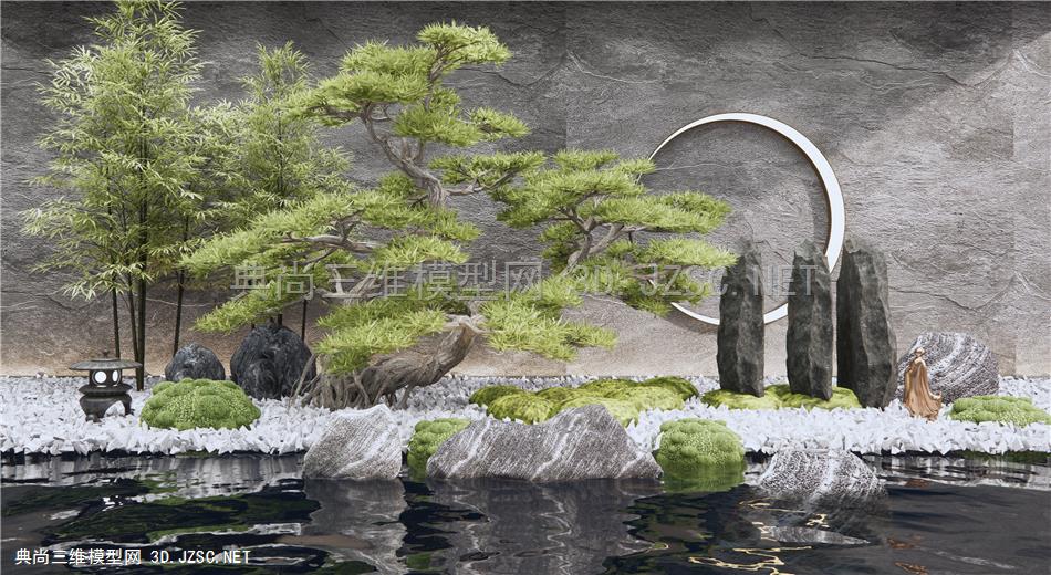 新中式枯山水庭院景观小品 石头 置石 松树 竹子小品 苔藓植物