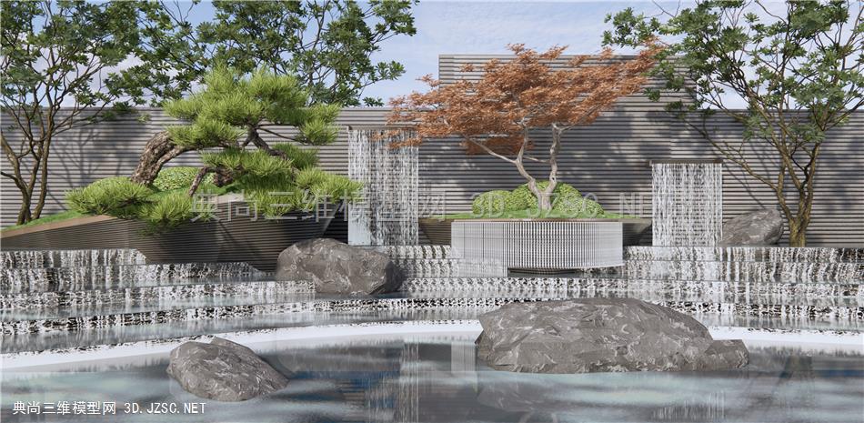 新中式跌水景墙 松树水景 石头 庭院水景小品 叠水景观