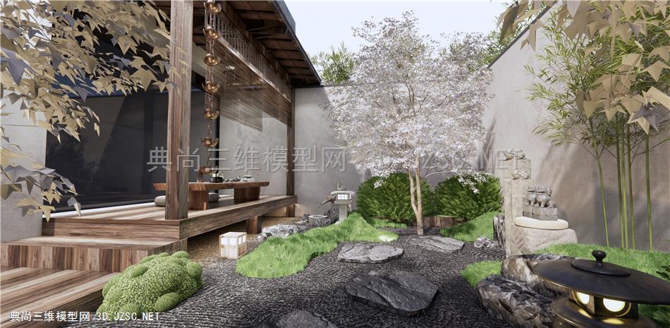 日式庭院花园 景观枫树 户外茶台 石头置石 竹子 禅意枯山水景观