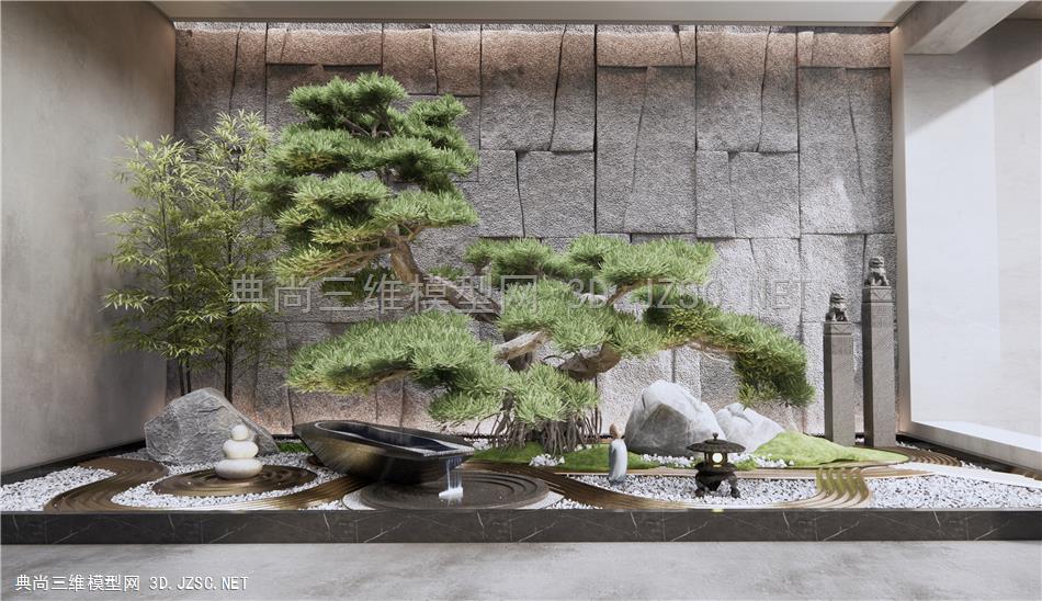新中式中庭庭院小品 枯山水庭院小品 水钵跌水 松树石头小品 岩石背景观墙