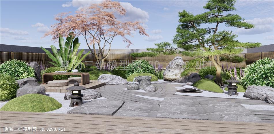 新中式禅意庭院花园 枯山水 石头景石 户外榻榻米茶台 灌木植物 花草 松树 枫树