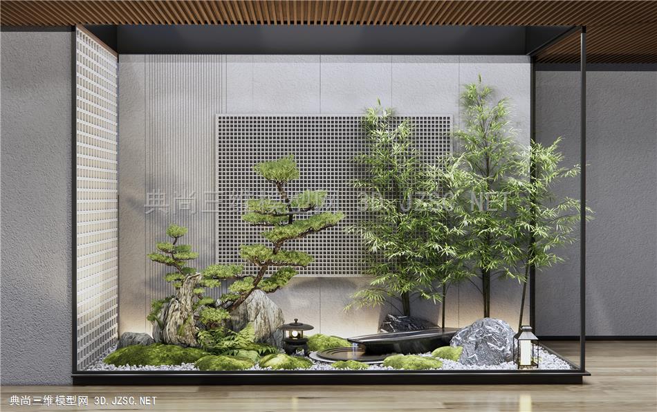 新中式庭院景观小品 石头假山 蕨类植物 水钵跌水小品 松树 苔藓植物 竹子