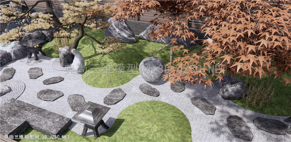 日式枯山水庭院花园 假山水景 石头景石 景观树 枫树 茶台 茶桌椅