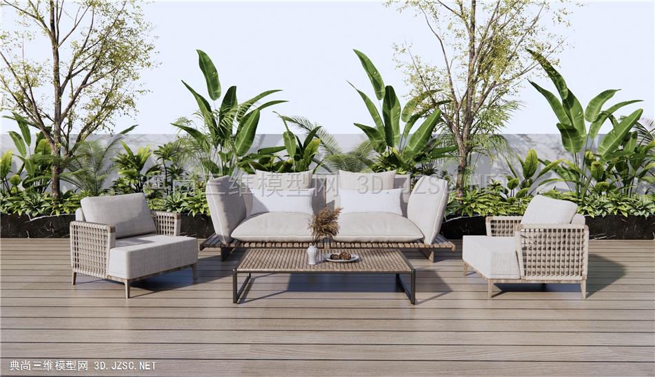 现代户外沙发 露台景观 灌木植物 户外植物 藤编休闲椅