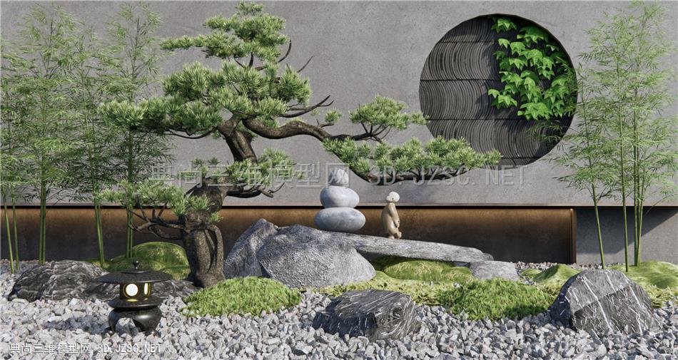 新中式庭院景观小品 园艺小品 石头 石墩 松树 禅意景观小品 假山竹子