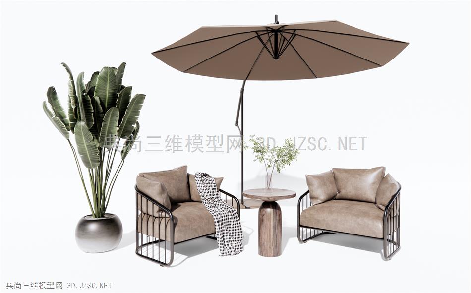 现代户外单人沙发 皮质休闲椅 圆形边几 绿植盆栽