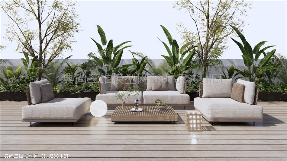 现代户外沙发 藤编休闲沙发 灌木绿植 户外植物