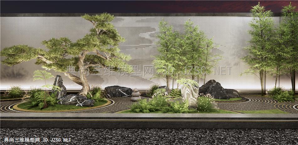 新中式庭院禅意景观小品 景墙 石头 假山 枯山石 松树景观 竹子