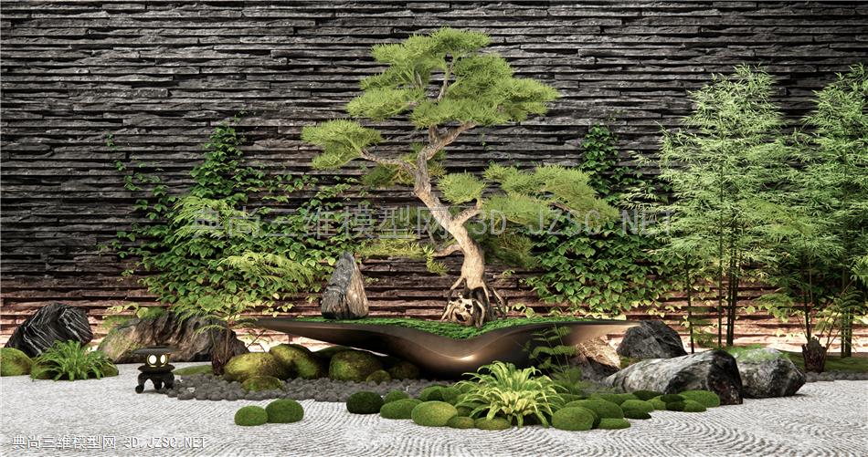 新中式石头松树庭院小品 盆栽盆景 石头 苔藓 景观树 庭院松树 迎客松