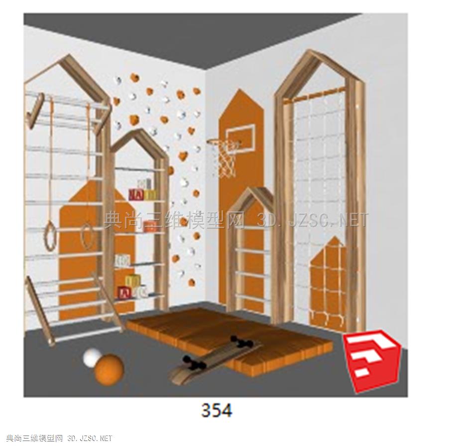 现代儿童玩具房_儿童娱乐室_攀岩墙SU模型