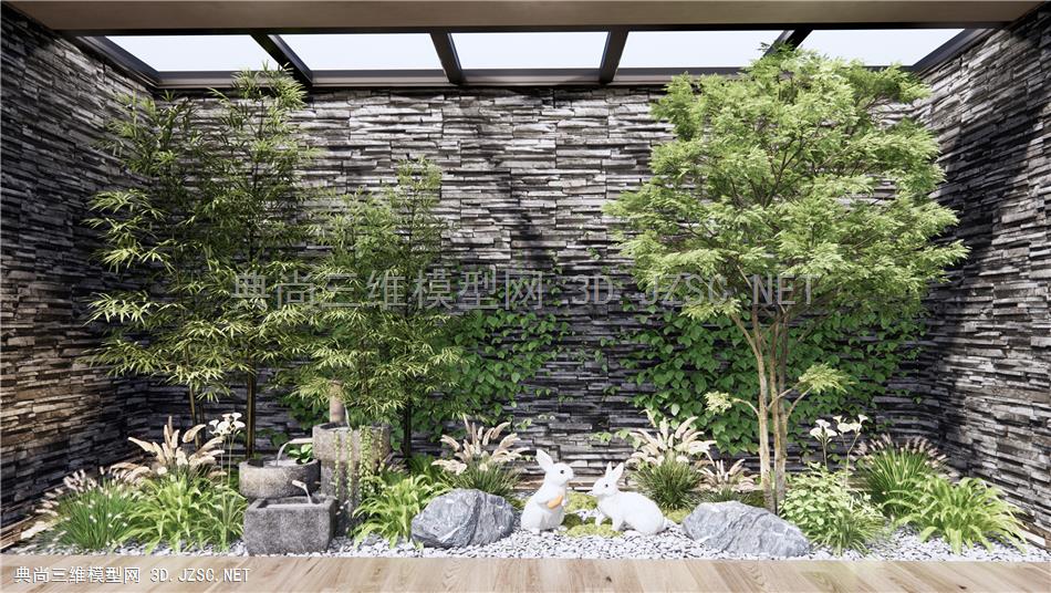 现代庭院景观小品 植物景观 植物堆 花草 竹子 石头 兔子雕塑小品