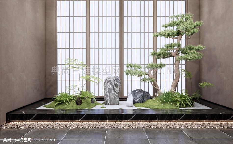 新中式松树石头景观小品 禅意园艺小景 蕨类植物 植物景观