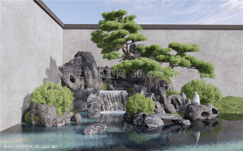 新中式假山水景 庭院小品 石头假山 松树景墙庭院小品 枯山石禅意景观 灌木绿植