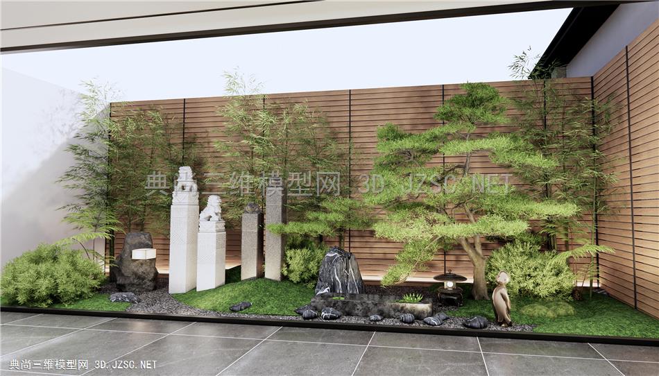 新中式庭院景观小品 天井室内景观 植物景观 假山水景 石头松树小品 灌木绿植 拴马桩 竹子