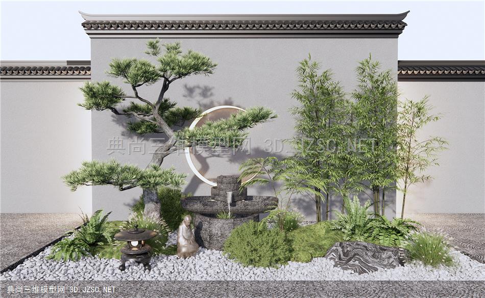 新中式禅意庭院小品 流水水钵小品 庭院园艺景观 松树马头景墙 蕨类植物堆 苔藓石头
