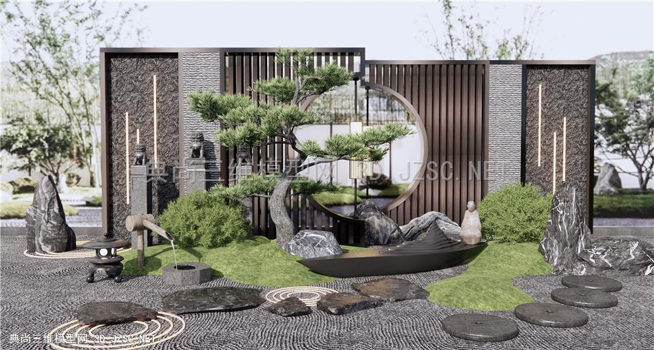 新中式庭院景观小品 景墙 枯山水 石头 雕塑小品 松树 流水小品 汀步石 拴马桩