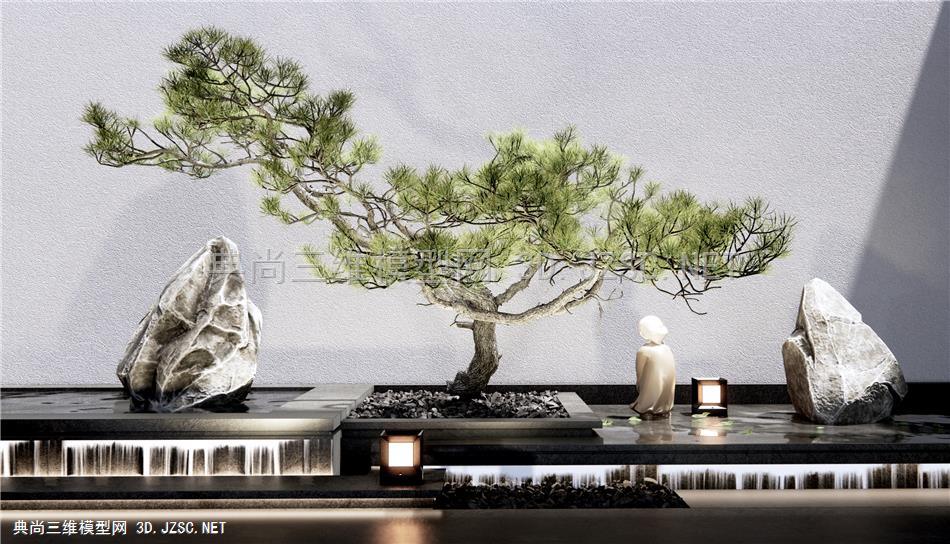 新中式跌水景观 禅意小品 叠水 松树 石头 景观灯 地灯 庭院小品 室内景观小品