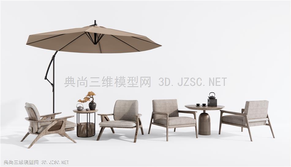 新中式户外休闲桌椅 户外椅 休闲椅 松树盆景 茶壶