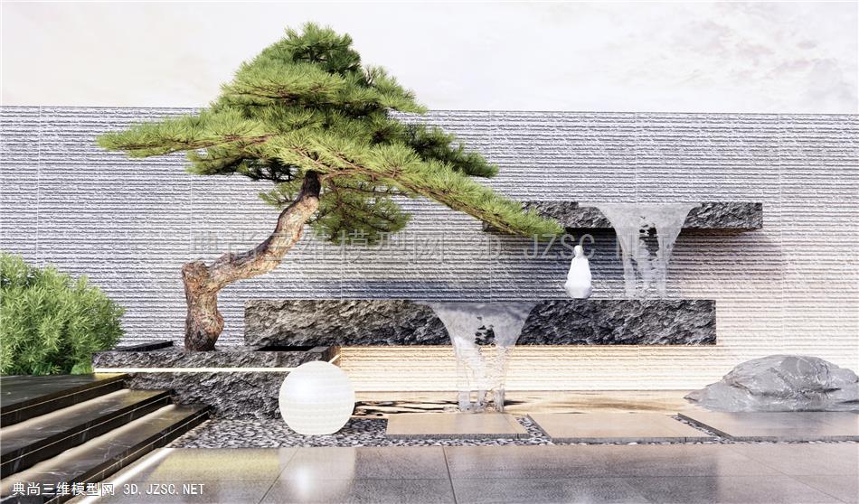 新中式跌水水景 叠水景观 柏松 松树 水景墙