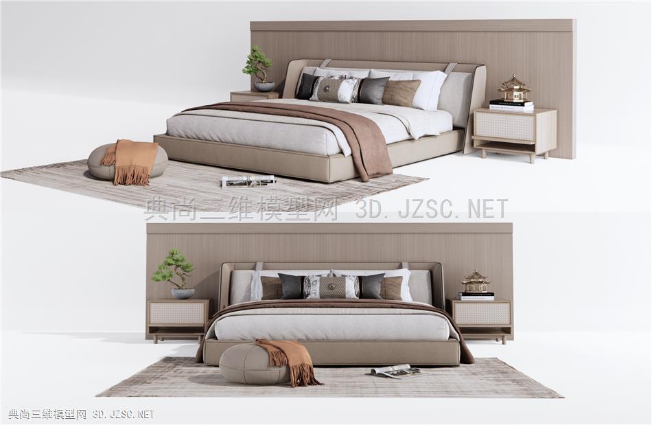 新中式双人床 床头柜 床尾凳