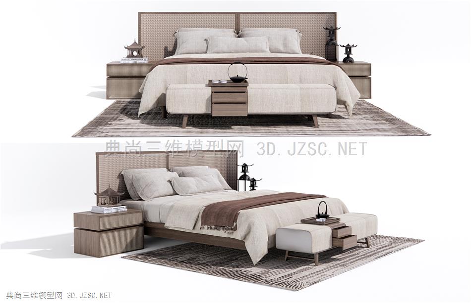 新中式双人床 床头柜 床尾凳 地毯