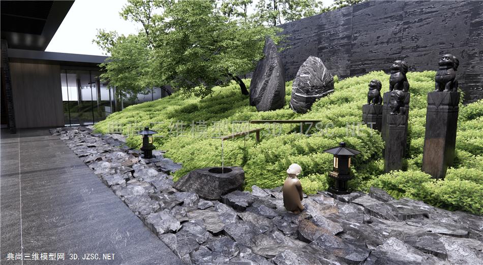 新中式庭院小品 景观石 禅意小品 流水水钵 花草绿植 拴马柱