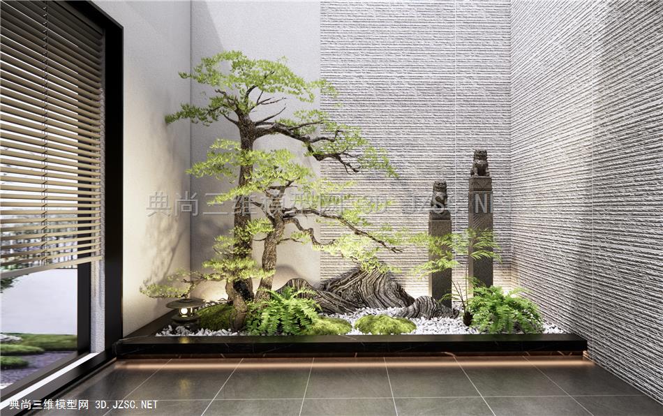 新中式庭院小品 室内景观小品 松树绿植 景观石 禅意小品