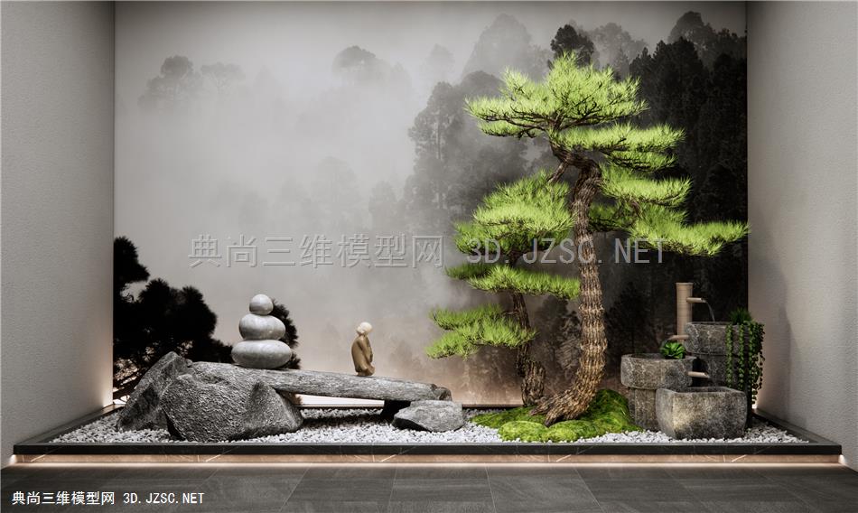 新中式山水庭院小品 柏松松树 景观石头 流水水钵松 室内景观 禅意小品