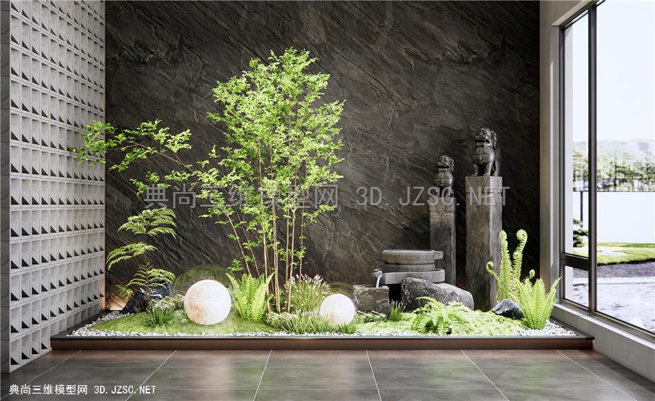 现代庭院植物小品 水钵 植物推 拴马柱 石头 蕨类植物 花草1