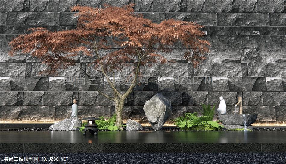 新中式庭院小品 景观石头 流水水钵 蕨类植物景观 红枫景观树 毛石景墙水景 石头1