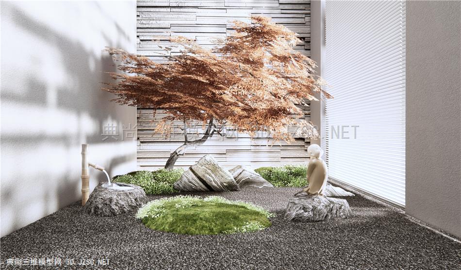 新中式山水庭院小品 室内景观小品 水钵 草丛 苔藓植物 景观树 景观石1