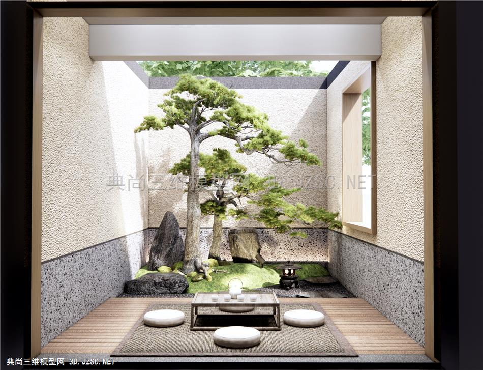 新中式茶室庭院小品 榻榻米茶台 禅意枯山水 松树 迎客松 室内景观小品 石头1