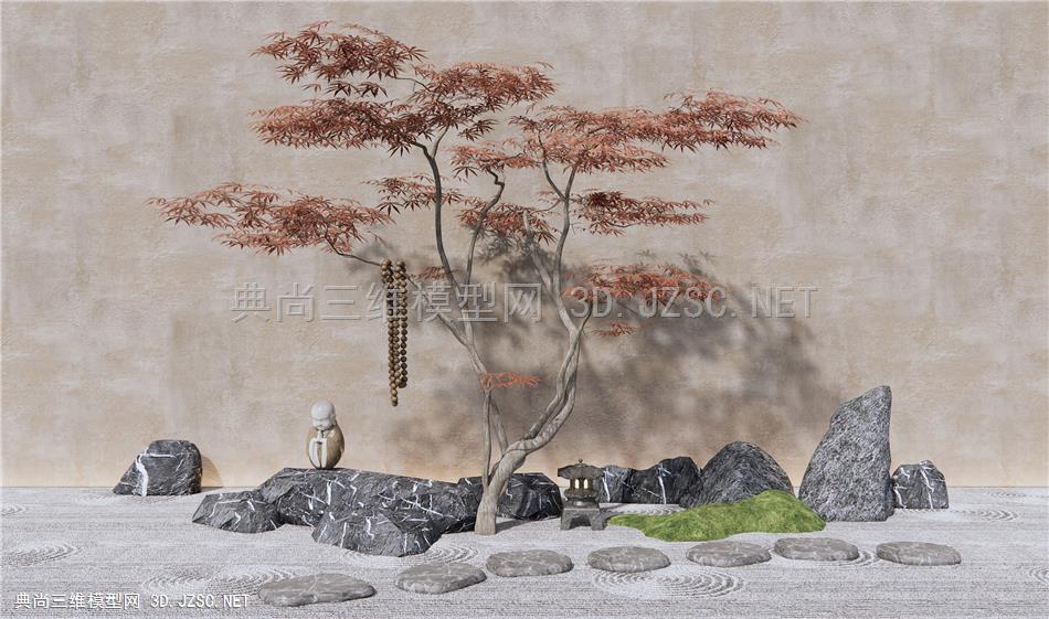 新中式石头枫树庭院小品 景观石 禅意园艺小品1