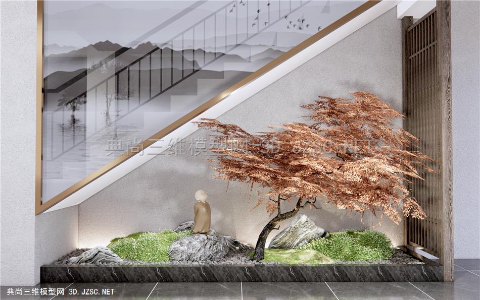 新中式楼梯间景观小品 石头松树 室内景观小品 庭院植物小品 泰山石 苔藓植物1
