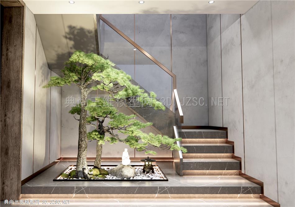 新中式楼梯间景观小品 松树 迎客松 禅意枯山石 室内造景 庭院小品1