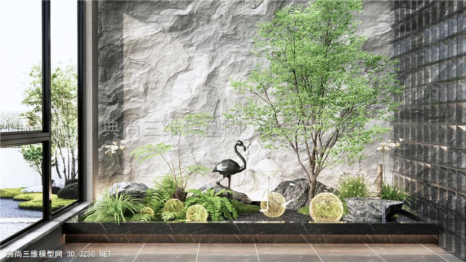 现代室内庭院小品 植物景观 水钵 蕨类植物 植物造景 石头 雕塑小品1