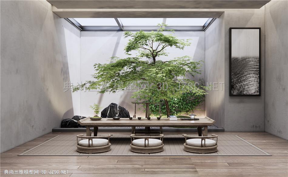 新中式茶室 榻榻米茶桌椅 茶台 庭院景观小品 枫树 石头景石1