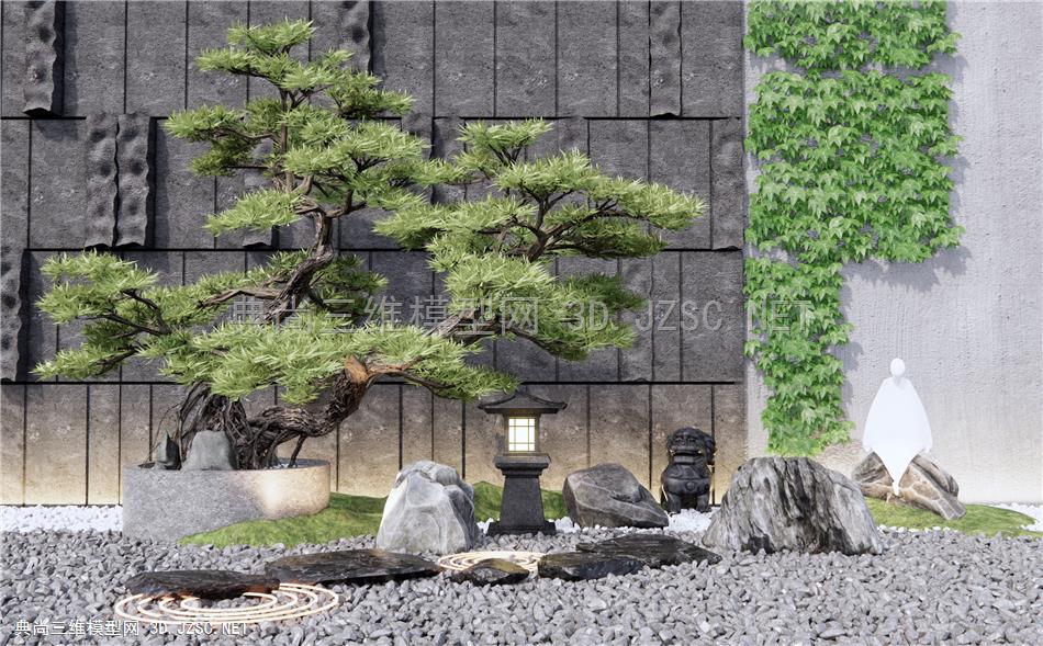 新中式庭院景观小品 禅意枯山水 造型松树 石头 景石 拴马桩 石狮子 石头背景墙1