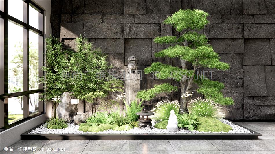新中式庭院小品 植物堆 室内植物景观 石皮墙 景观树 松树 花草 狼尾草 肾蕨植物1