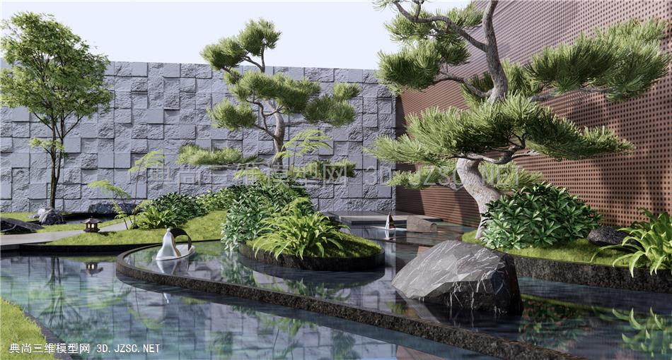 新中式庭院景观小品 示范区景观 景墙 水景 松树 灌木绿植1